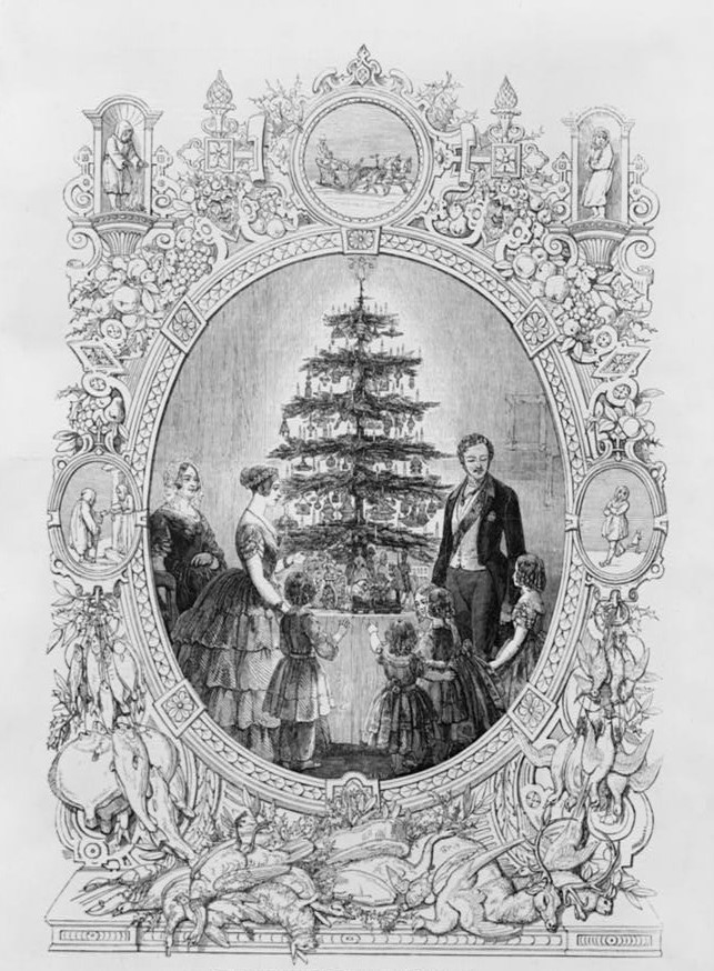 Source text: 'Family around Christmas tree, depicted in an oval with border showing winter scenes and the fruits and animals of a bountiful harvest.'