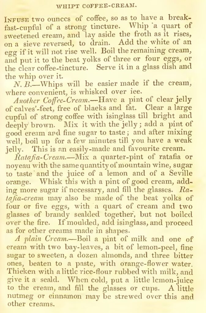 A page from an old recipe book, providing directions for making whipped coffee cream.